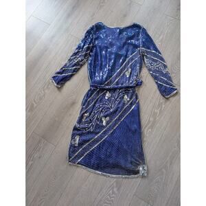 Vintage 80s 90s JUHI 100% Pure Silk Hand Beaded Sequin Cocktail Dress - Size S